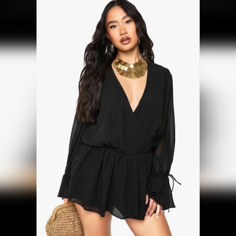 EUC Bebe Sheer Black Long Sleeve Shorts Romper